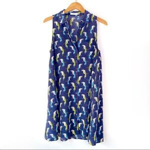 Equipment navy bird print silk sleeveless trapeze dress